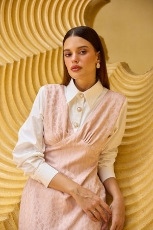 Blush Pink Jacquard V-Neck Maxi Dress with Attached White Shirt Bodice