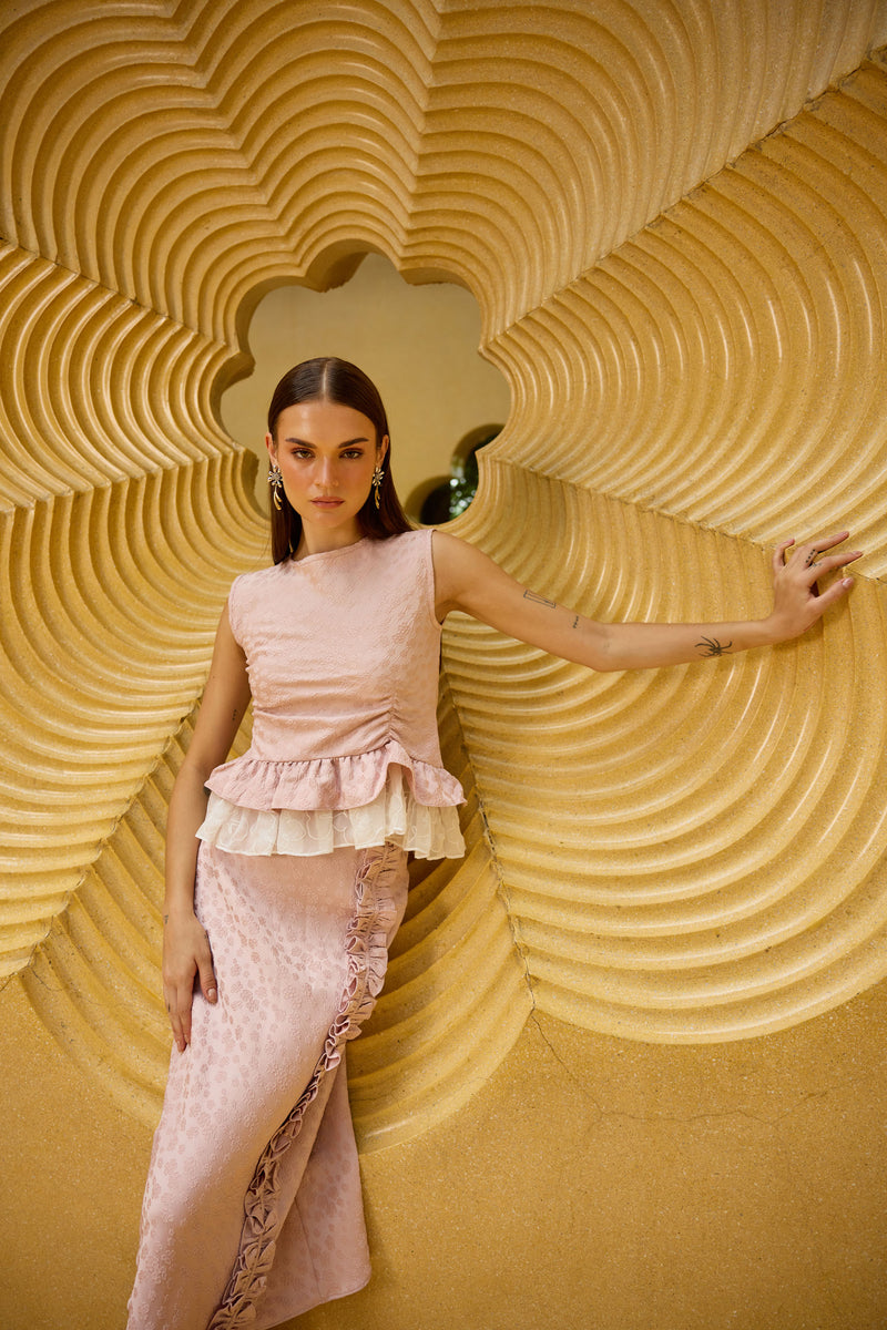 Blush Pink Jacquard Peplum Set