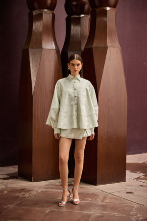 Pastel Green Jacquard Oversized Shirt with Matching Skort
