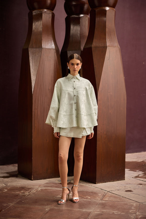 Pastel Green Jacquard Oversized Shirt with Matching Skort