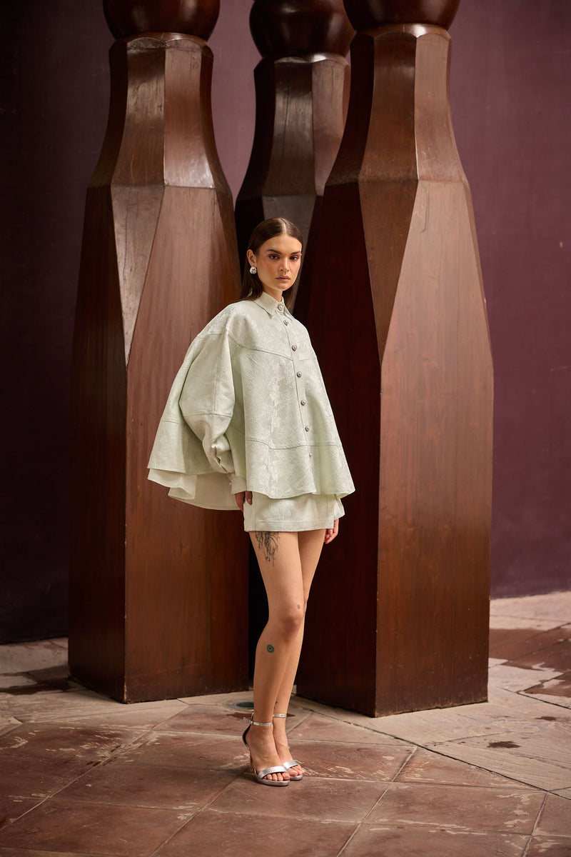 Pastel Green Jacquard Oversized Shirt with Matching Skort
