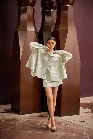 Pastel Green Jacquard Oversized Shirt with Matching Skort
