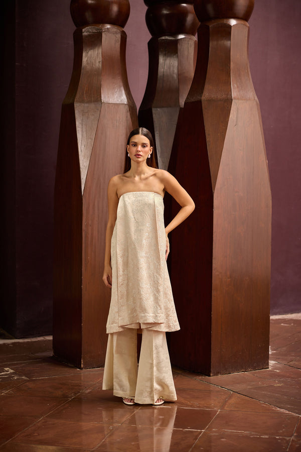 Peach Jacquard Strapless Tunic with Ivory Wide-Leg Pants Set