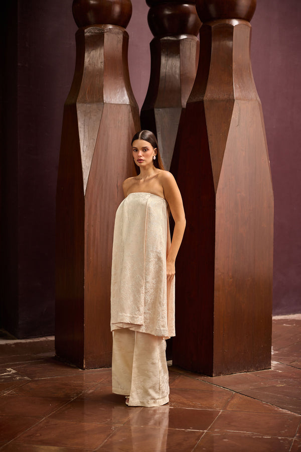 Peach Jacquard Strapless Tunic with Ivory Wide-Leg Pants Set