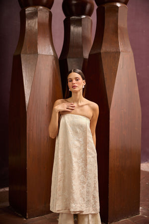 Peach Jacquard Strapless Tunic with Ivory Wide-Leg Pants Set