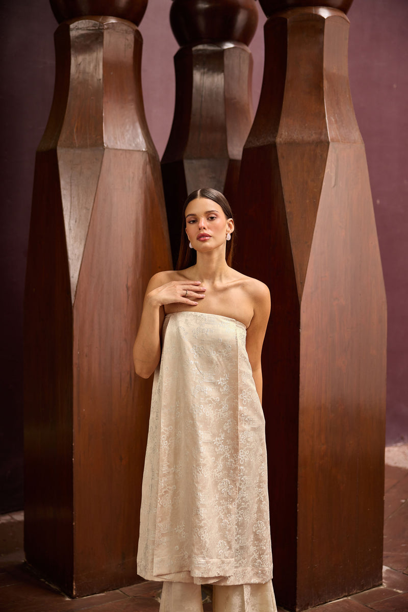 Peach Jacquard Strapless Tunic with Ivory Wide-Leg Pants Set