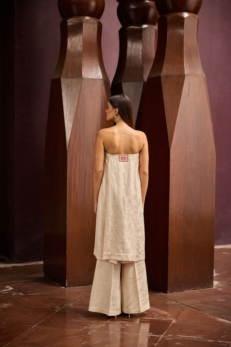 Peach Jacquard Strapless Tunic with Ivory Wide-Leg Pants Set