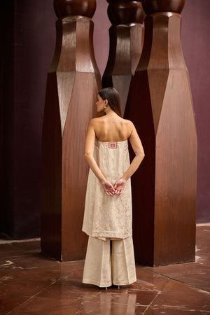 Peach Jacquard Strapless Tunic with Ivory Wide-Leg Pants Set
