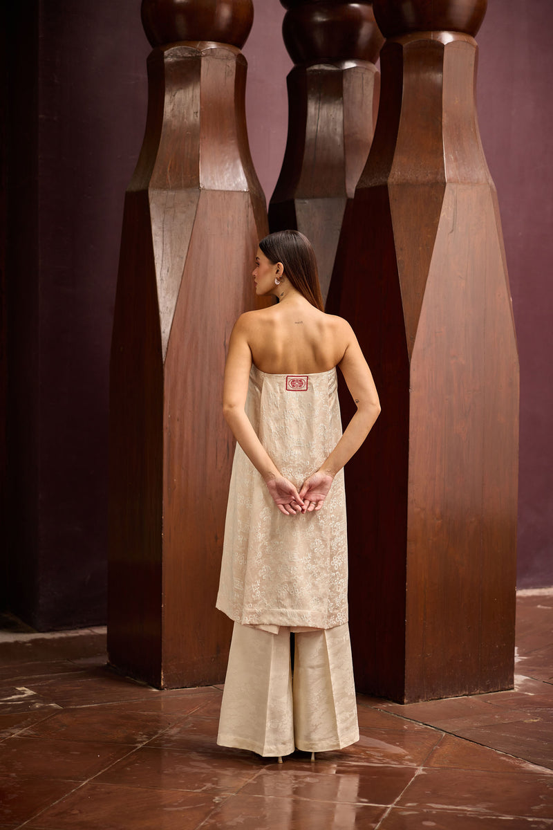 Peach Jacquard Strapless Tunic with Ivory Wide-Leg Pants Set