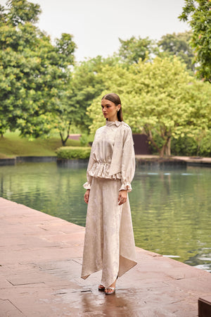 Ivory Jacquard Peplum Top & Asymmetrical Midi Skirt Co-ord Set
