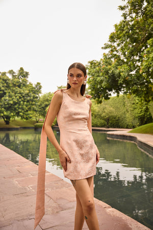 Blush Pink Jacquard Bow Strap Mini Dress