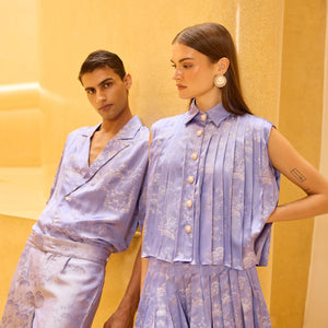 Lavendar Jacquard Pleated Sleeveless Button-Down Set