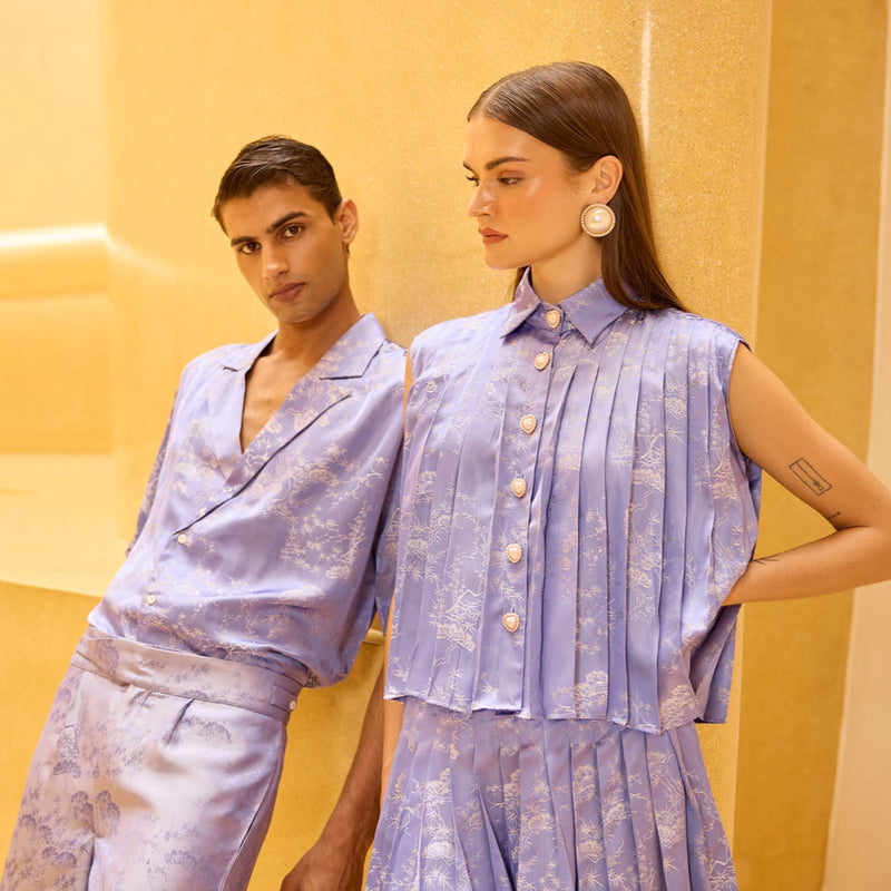 Lavendar Jacquard Pleated Sleeveless Button-Down Set