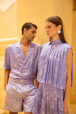 Lavendar Jacquard Pleated Sleeveless Button-Down Set