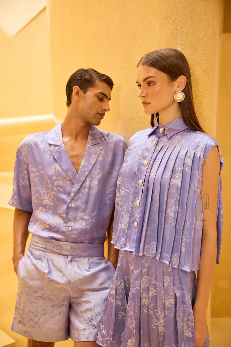 Lavendar Jacquard Pleated Sleeveless Button-Down Set