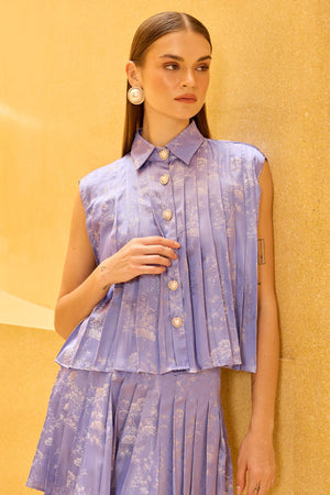 Lavendar Jacquard Pleated Sleeveless Button-Down Set