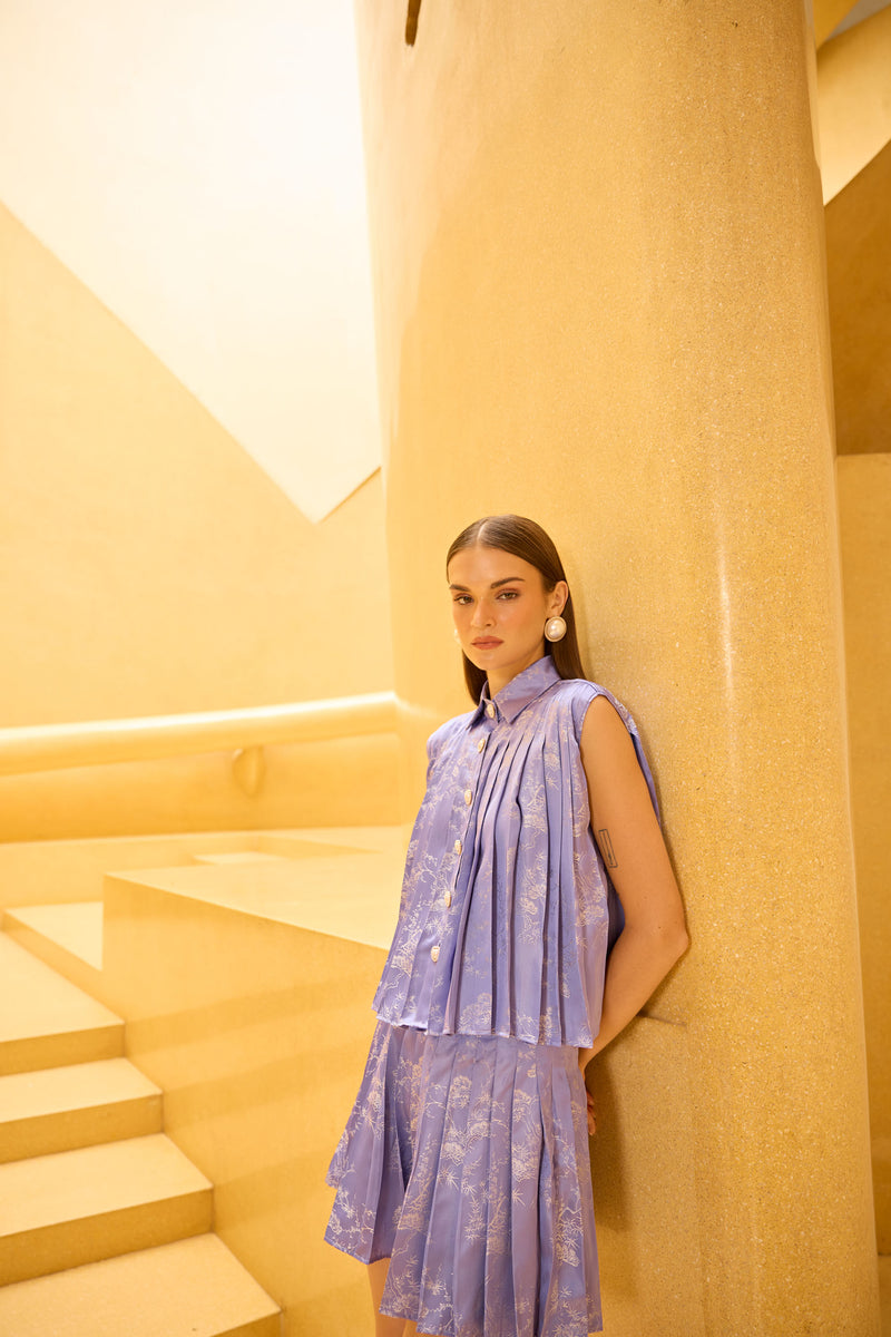 Lavendar Jacquard Pleated Sleeveless Button-Down Set