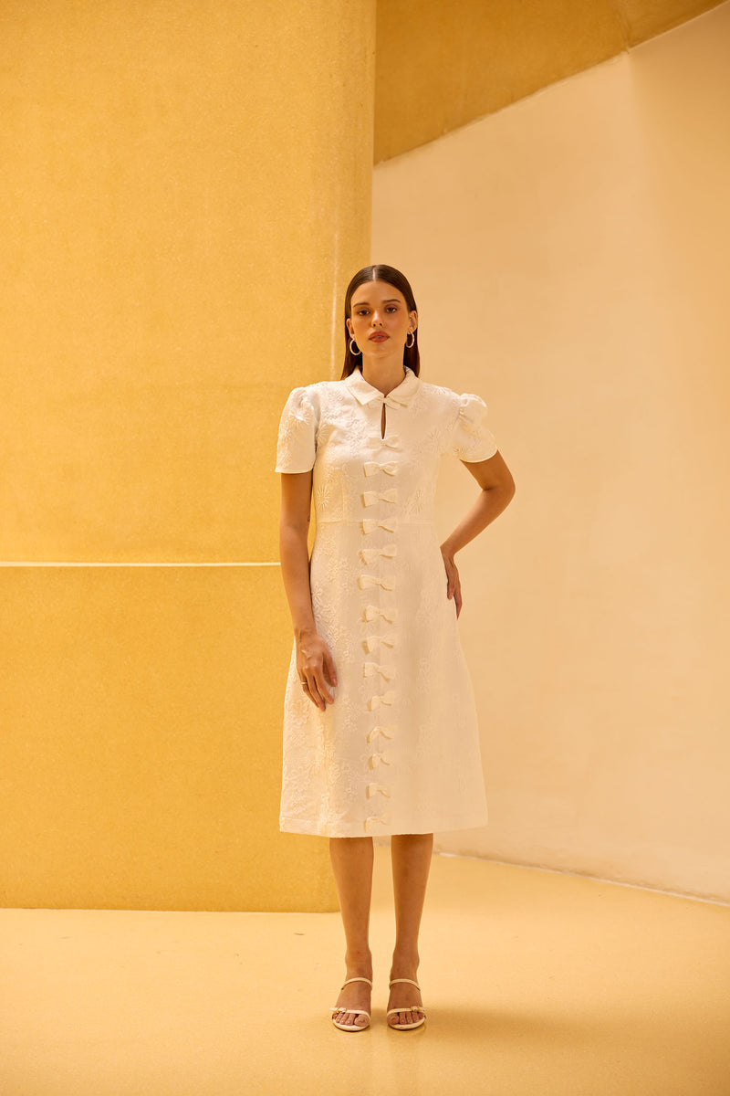 White Jacquard Hand-Embellished Midi Dress