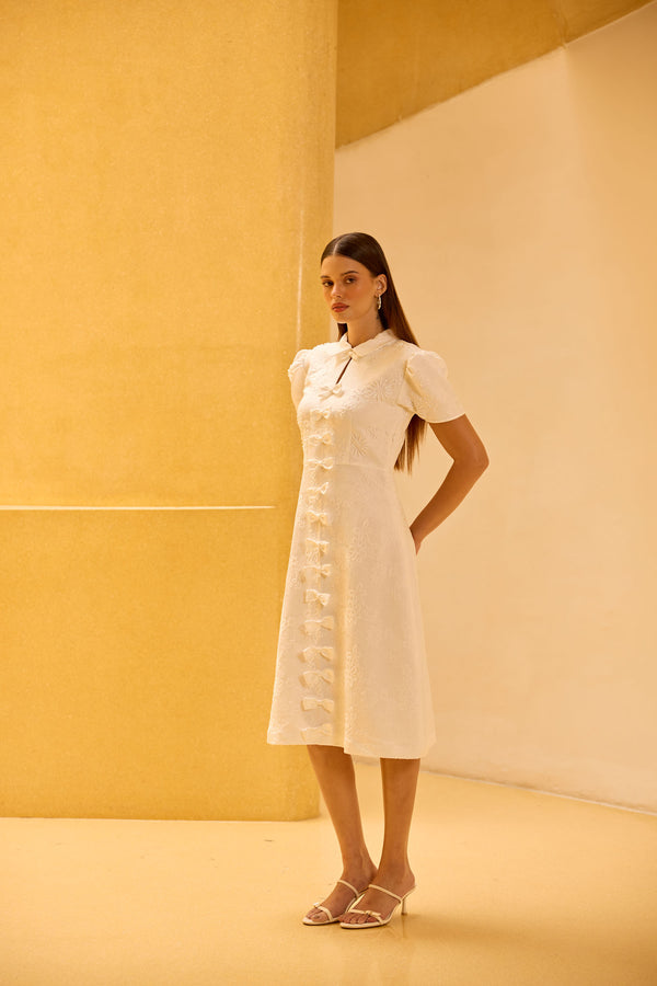 White Jacquard Hand-Embellished Midi Dress