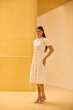 White Jacquard Hand-Embellished Midi Dress