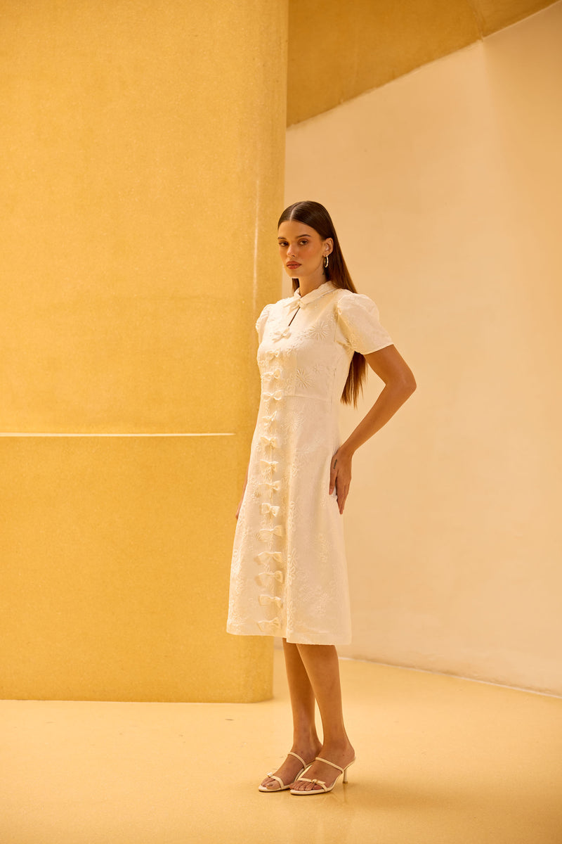 White Jacquard Hand-Embellished Midi Dress