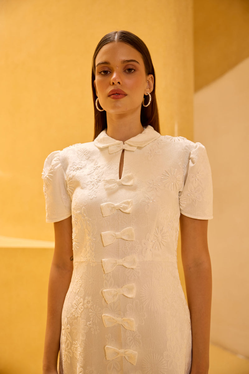 White Jacquard Hand-Embellished Midi Dress