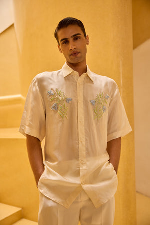 Men's Ivory Taffeta Hand-Embellished Shirt