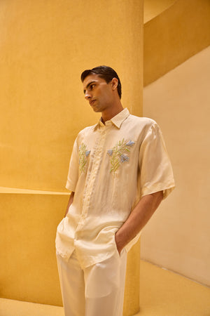 Men's Ivory Taffeta Hand-Embellished Shirt