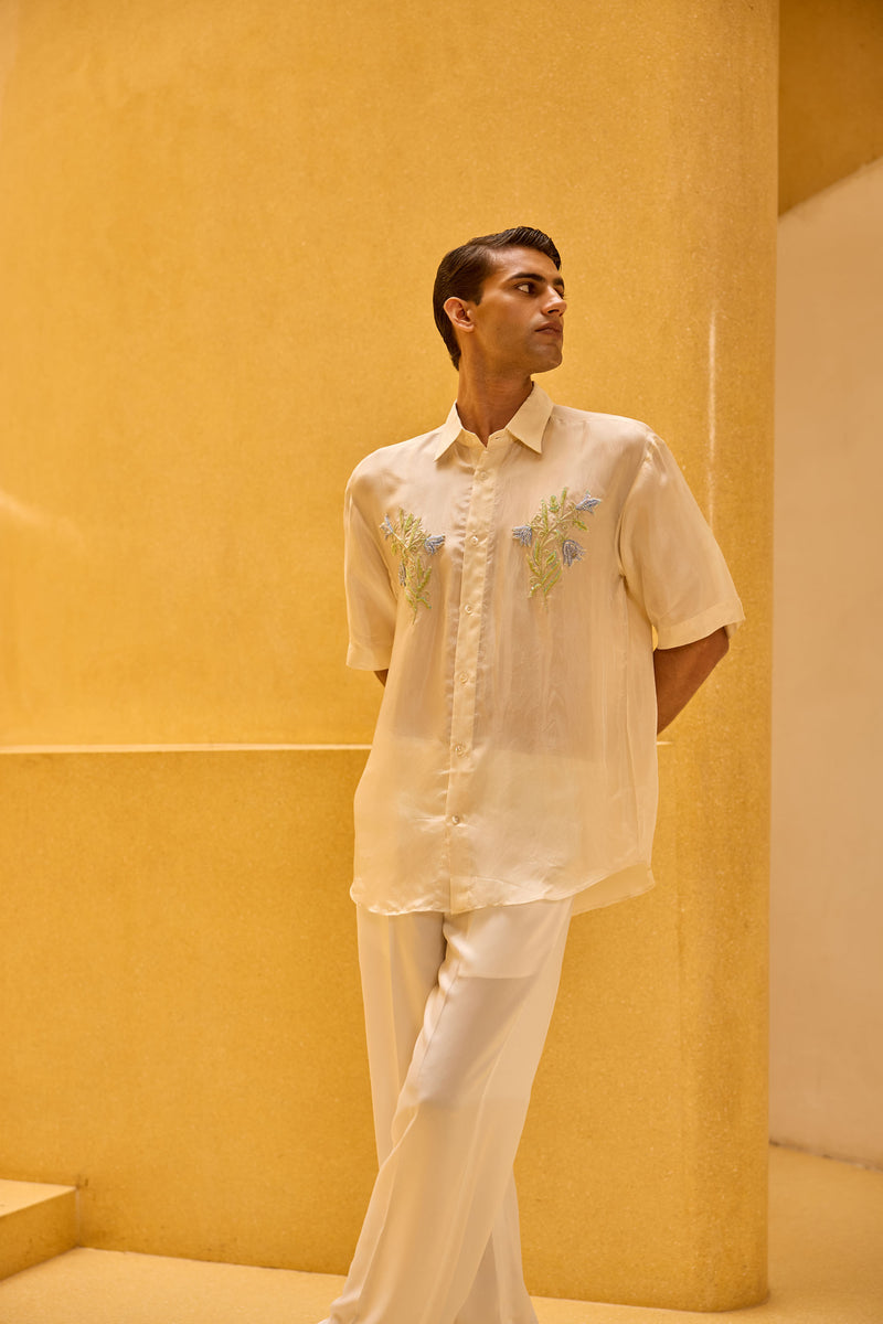 Men's Ivory Taffeta Hand-Embellished Shirt