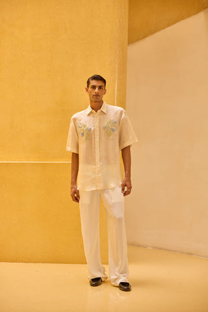 Men's Ivory Taffeta Hand-Embellished Shirt