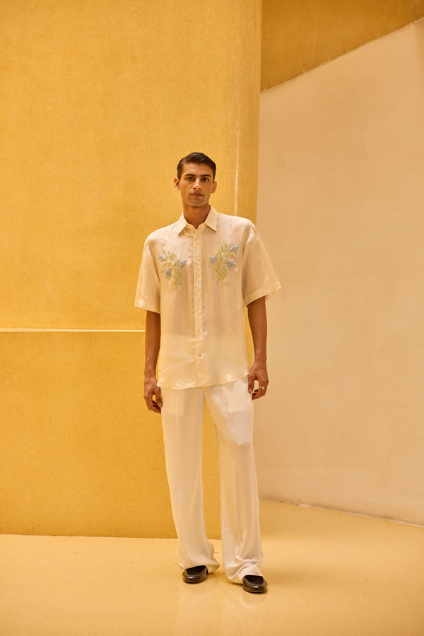 Men's Ivory Taffeta Hand-Embellished Shirt