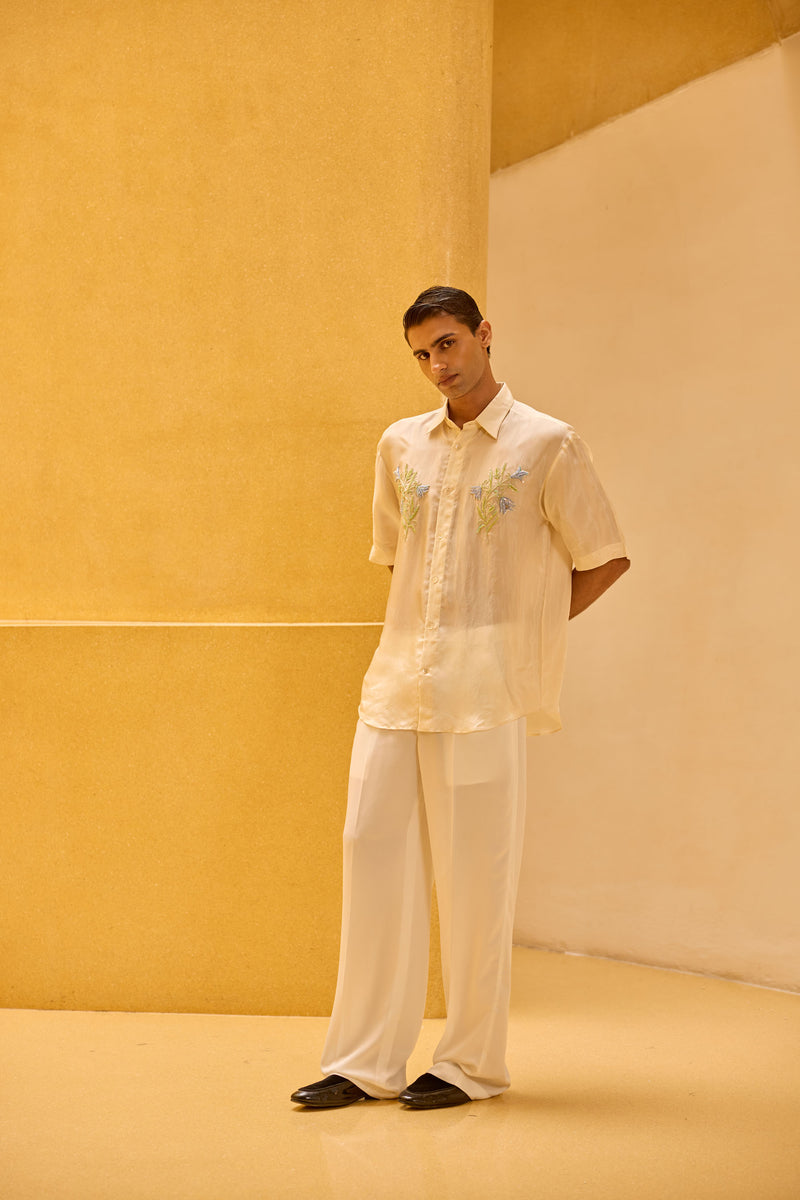 Men's Ivory Taffeta Hand-Embellished Shirt