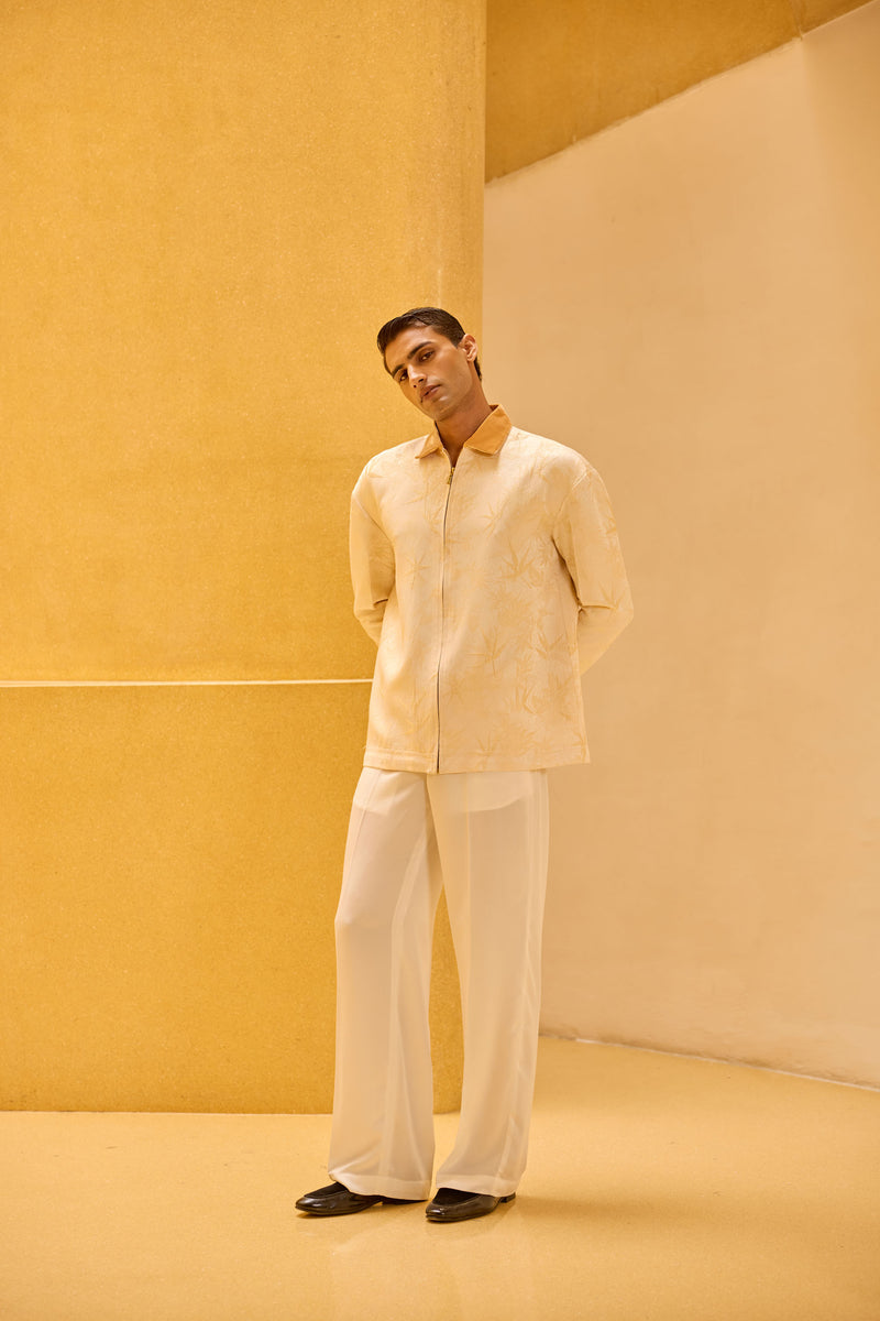 Men’s Jacquard Jacket in Cream with Velvet Collar