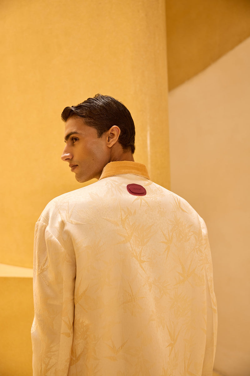 Men’s Jacquard Jacket in Cream with Velvet Collar