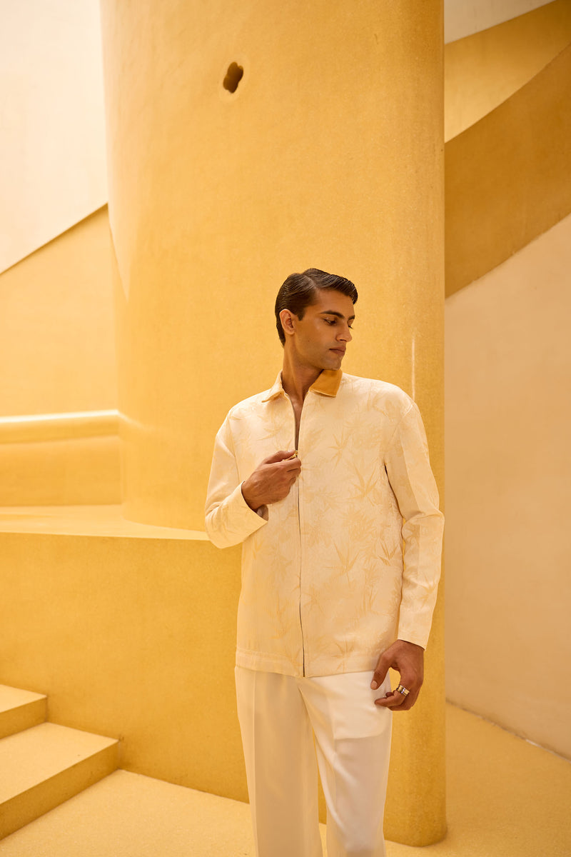 Men’s Jacquard Jacket in Cream with Velvet Collar