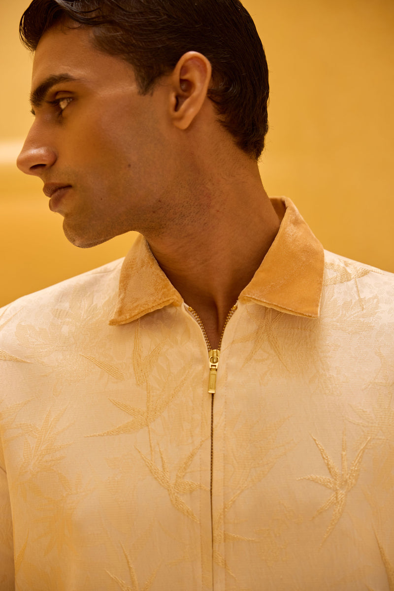 Men’s Jacquard Jacket in Cream with Velvet Collar