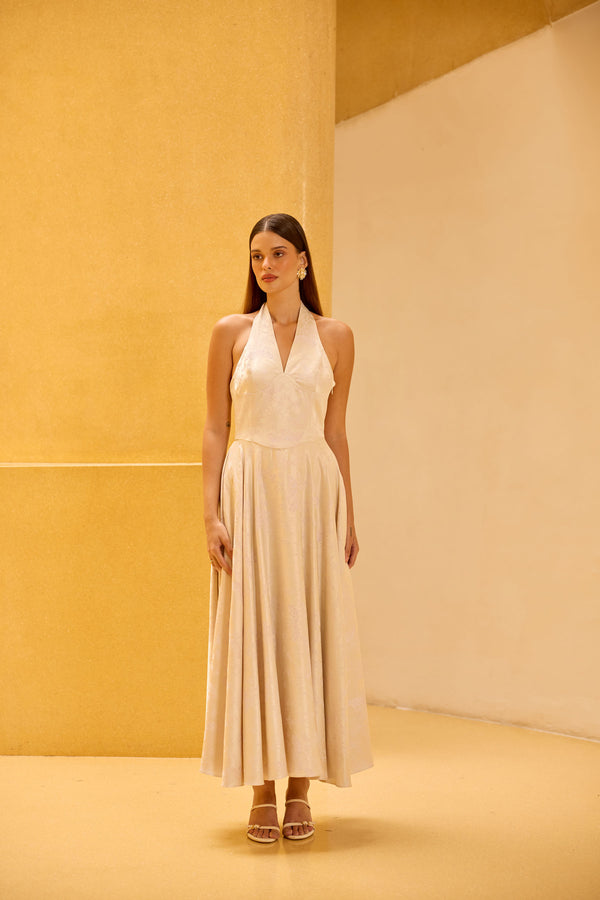 Ivory Jacquard Halter Midi Dress