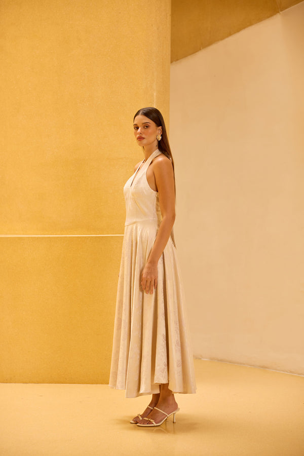 Ivory Jacquard Halter Midi Dress