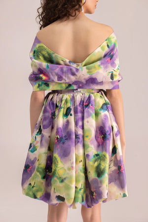 PRINTED OFF-SHOULDER BALLOON DRESS