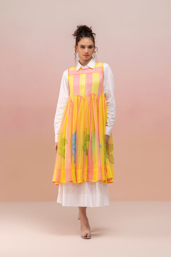 COTTON SHIRT DRESS WITH RUFFLED ORGANZA