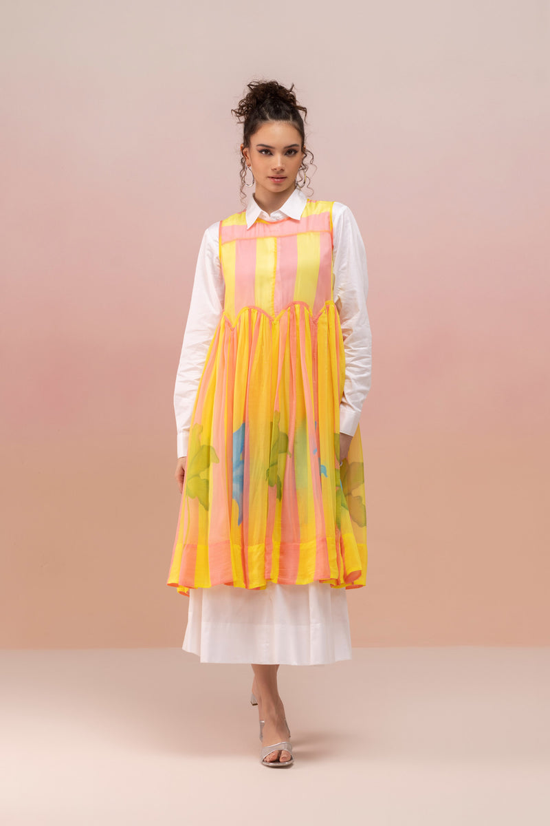 COTTON SHIRT DRESS WITH RUFFLED ORGANZA