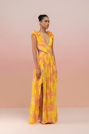 CUTOUT RUFFLED LONG DRESS