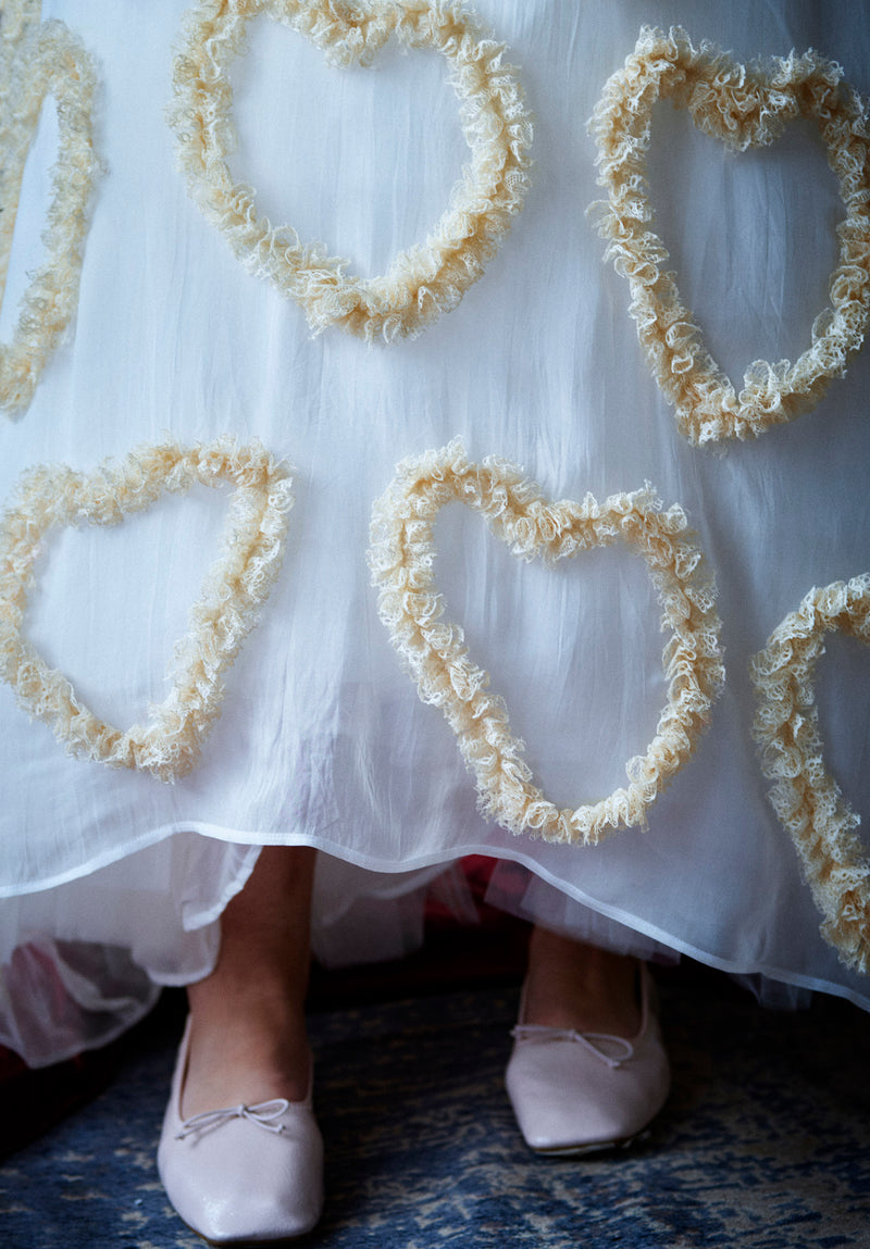 White Maxi Dress with Beige Lace Hearts