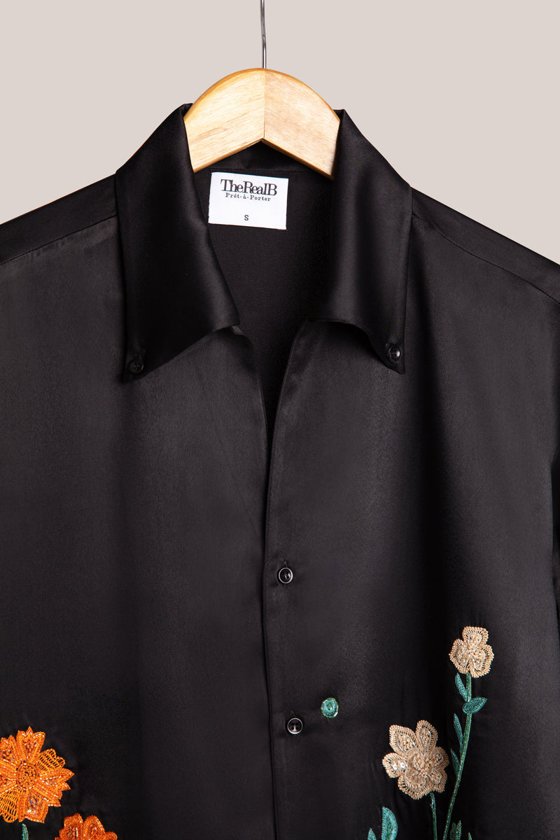 Black Embellished Men's Satin Shirt