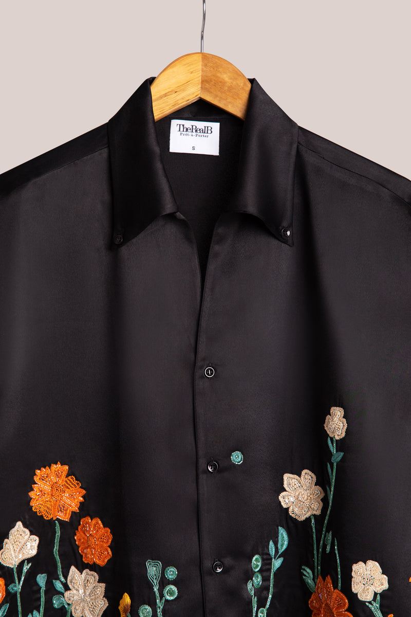 Black Embellished Men's Satin Shirt