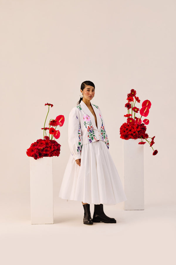 White Gathered Cotton Midi Skirt