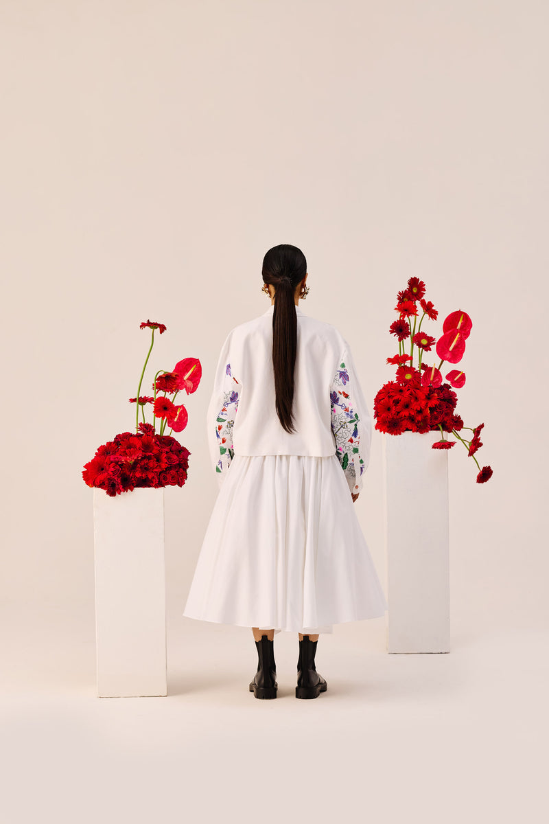 White Gathered Cotton Midi Skirt