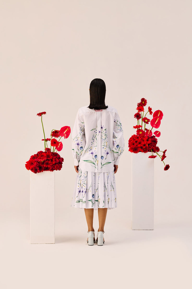 White Floral Print Pleated Cotton Skirt