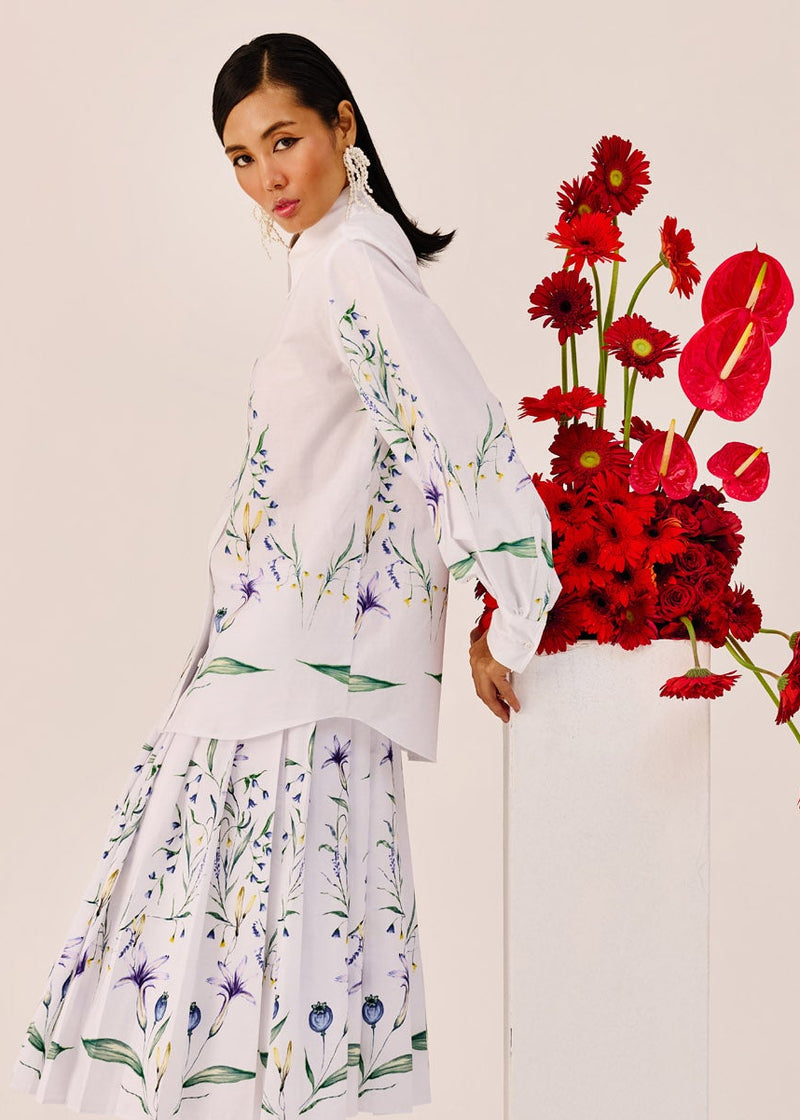 White Floral Print Pleated Cotton Skirt