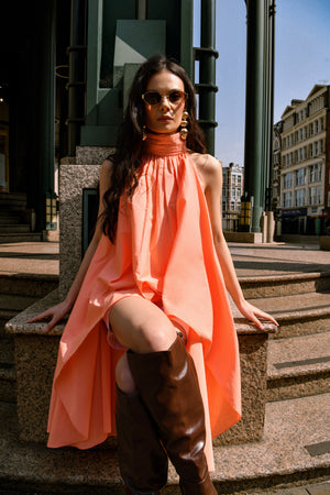 Peach Draped High-Low Cotton Top with White Shorts set